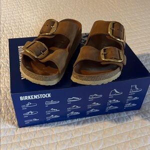 Birkenstock Arizona Brown Sandals with Big Gold Buckles